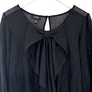 A. Byer Shimmer Metallic Bow Ruffle Front Black Blouse 3/4 Sleeve Sheer